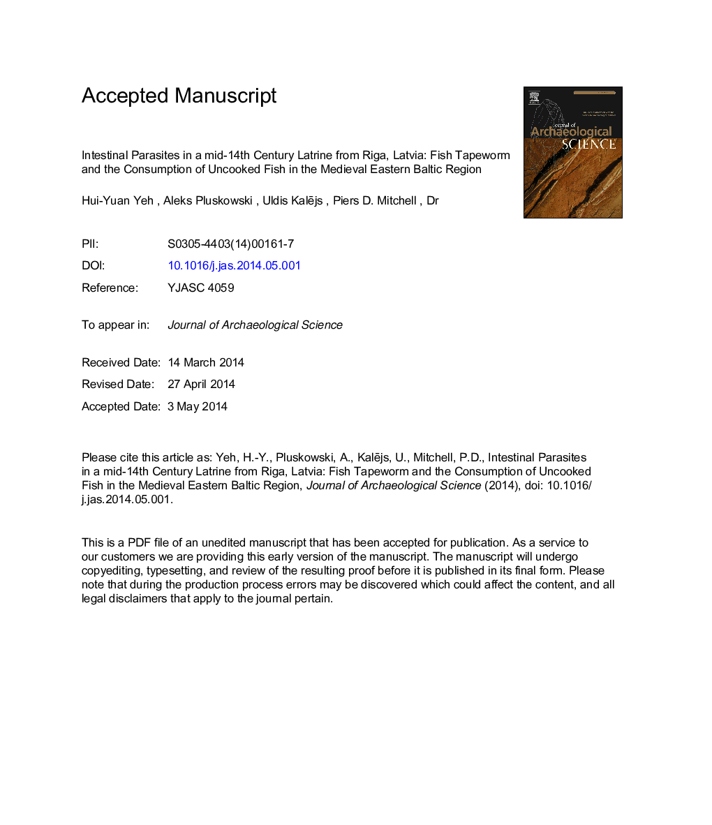 انگل روده ای در قرن نوزدهم میلادی از ریگا، لتونی: کرم قرمز ماهی و مصرف ماهی نیشکر در منطقه شرقی بالتیک قرون وسطی 