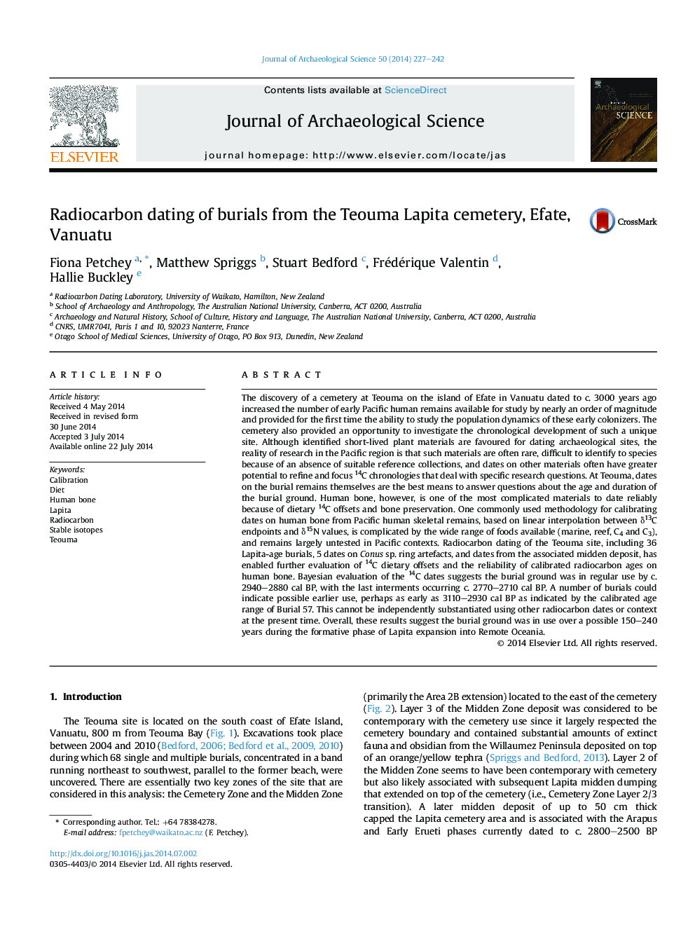 Radiocarbon dating of burials from the Teouma Lapita cemetery, Efate, Vanuatu