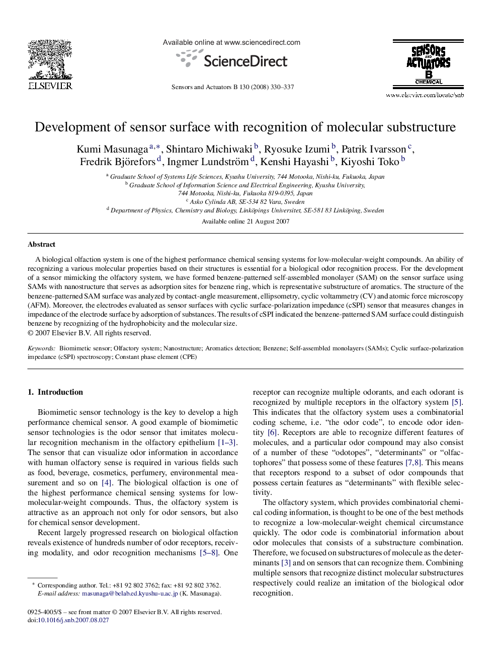 Development of sensor surface with recognition of molecular substructure