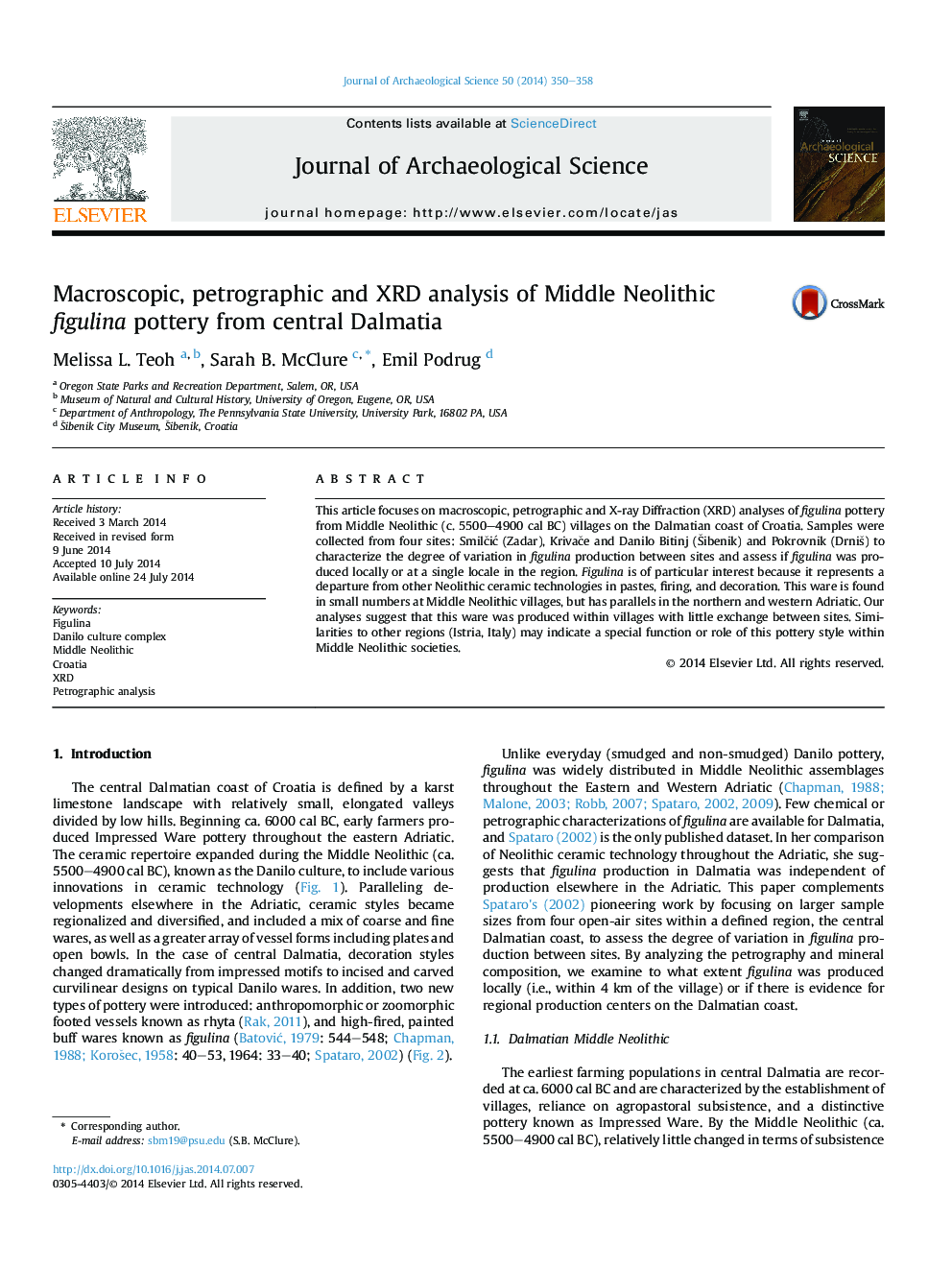 Macroscopic, petrographic and XRD analysis of Middle Neolithic figulina pottery from central Dalmatia