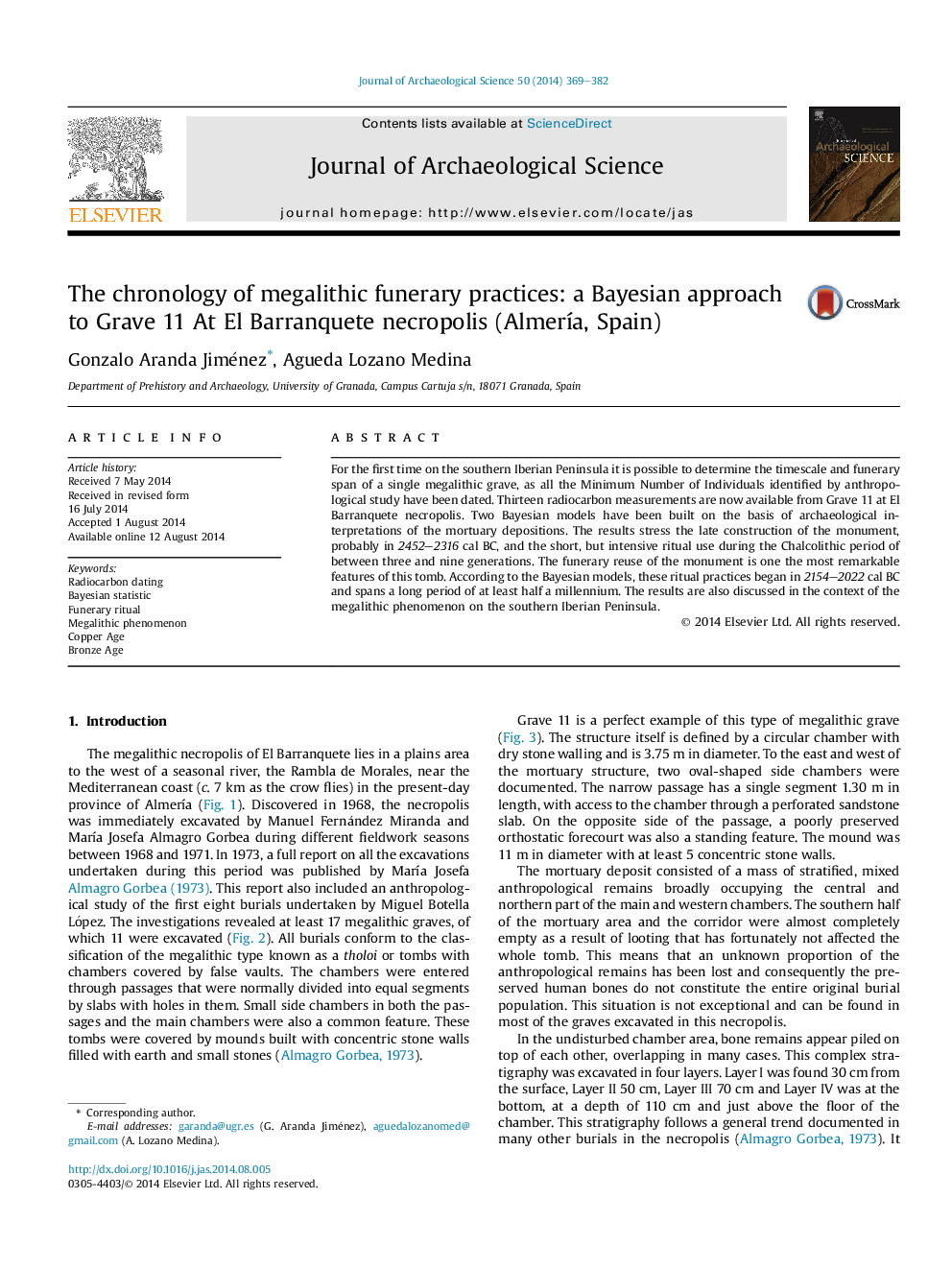 The chronology of megalithic funerary practices: a Bayesian approach to Grave 11 At El Barranquete necropolis (AlmerÃ­a, Spain)