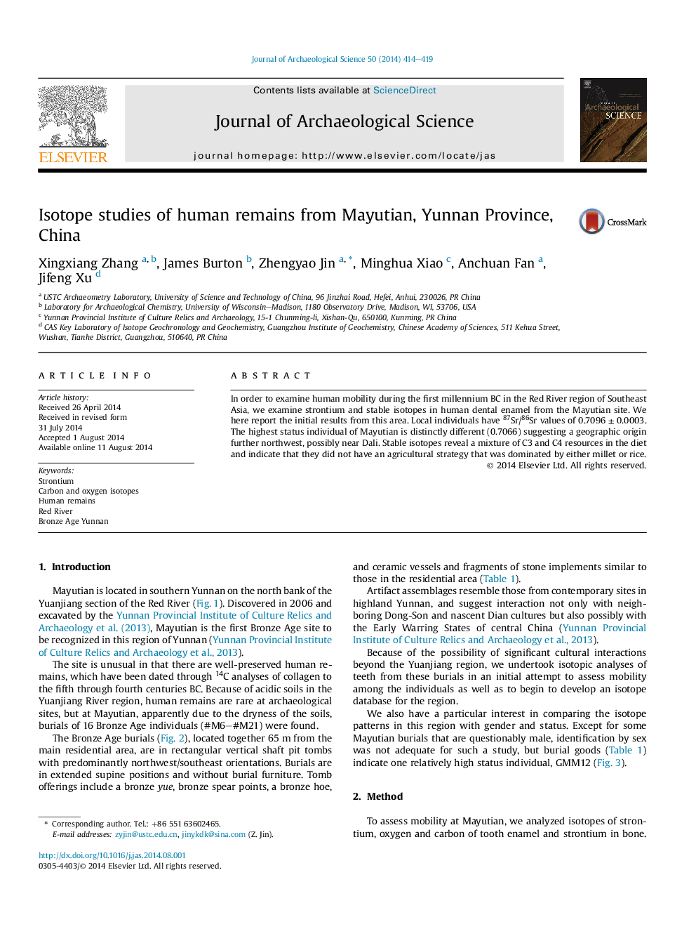 Isotope studies of human remains from Mayutian, Yunnan Province, China