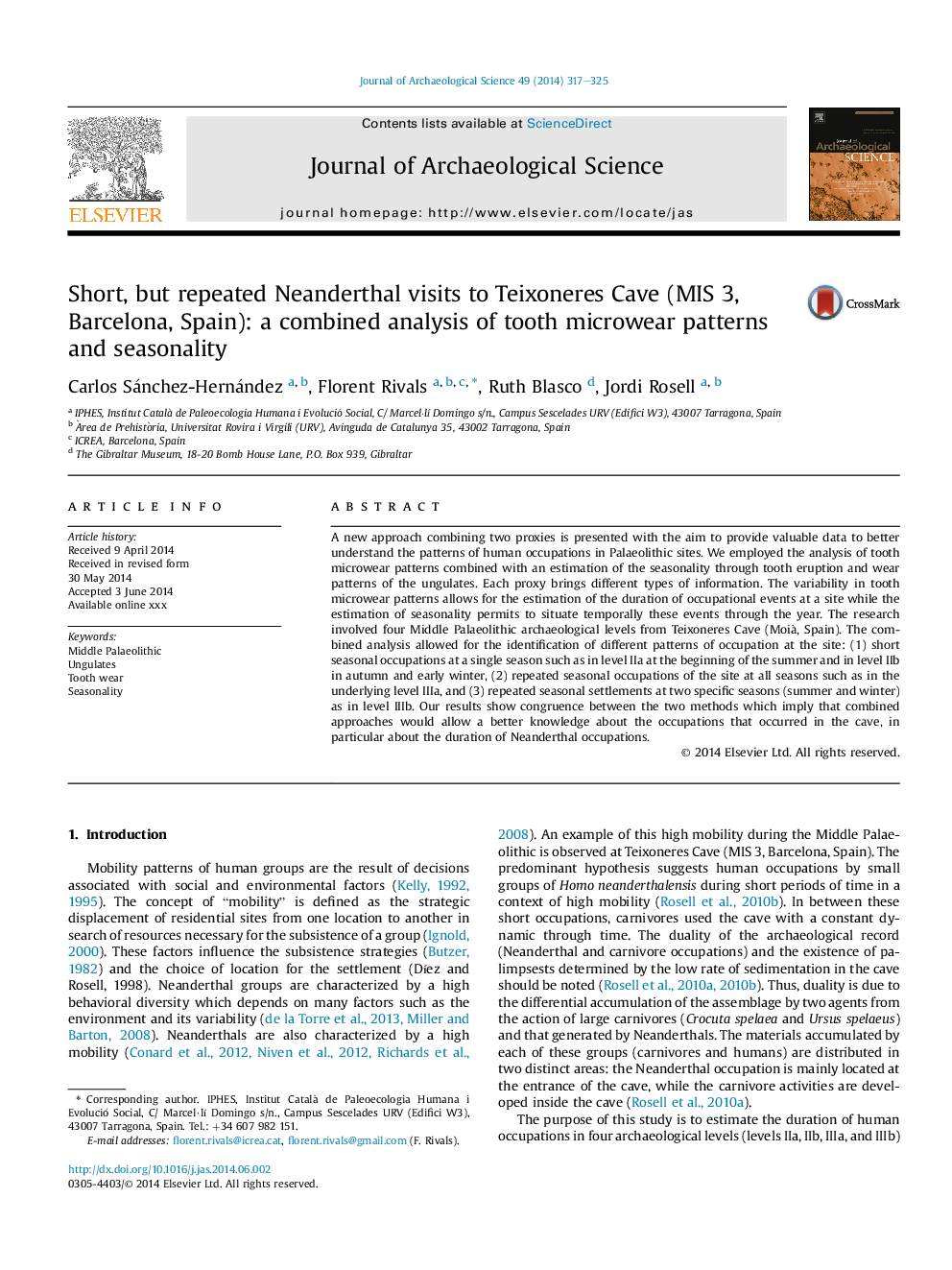 Short, but repeated Neanderthal visits to Teixoneres Cave (MIS 3, Barcelona, Spain): a combined analysis of tooth microwear patterns and seasonality