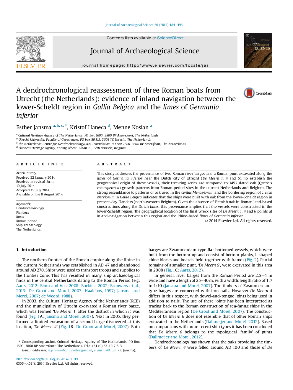 A dendrochronological reassessment of three Roman boats from Utrecht (the Netherlands): evidence of inland navigation between the lower-Scheldt region in Gallia Belgica and the limes of Germania inferior