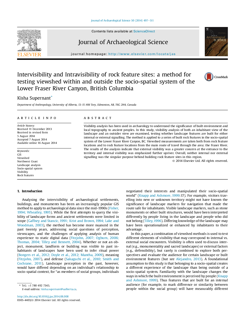 Intervisibility and Intravisibility of rock feature sites: a method for testing viewshed within and outside the socio-spatial system of the Lower Fraser River Canyon, British Columbia