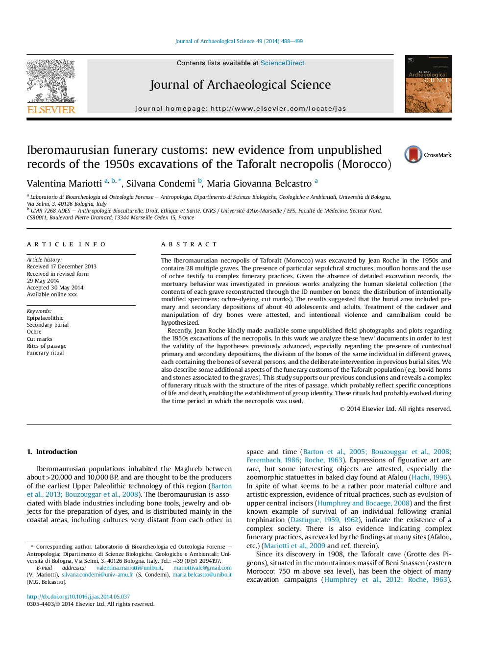 Iberomaurusian funerary customs: new evidence from unpublished records of the 1950s excavations of the Taforalt necropolis (Morocco)