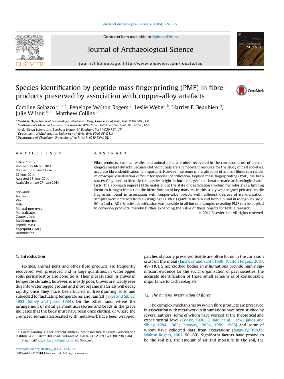 Species identification by peptide mass fingerprinting (PMF) in fibre products preserved by association with copper-alloy artefacts