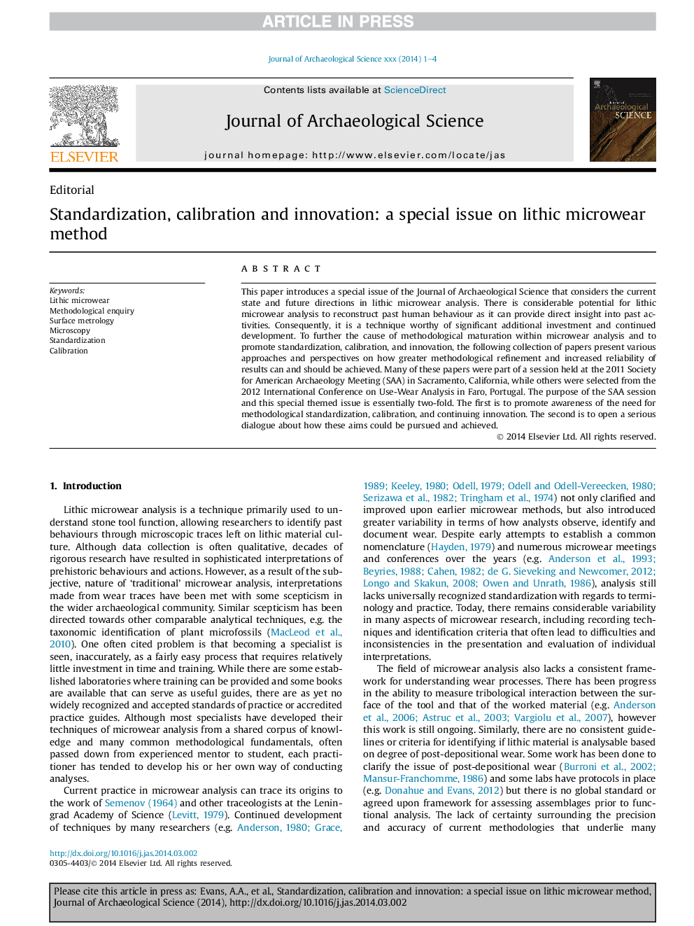 Standardization, calibration and innovation: a special issue on lithic microwear method