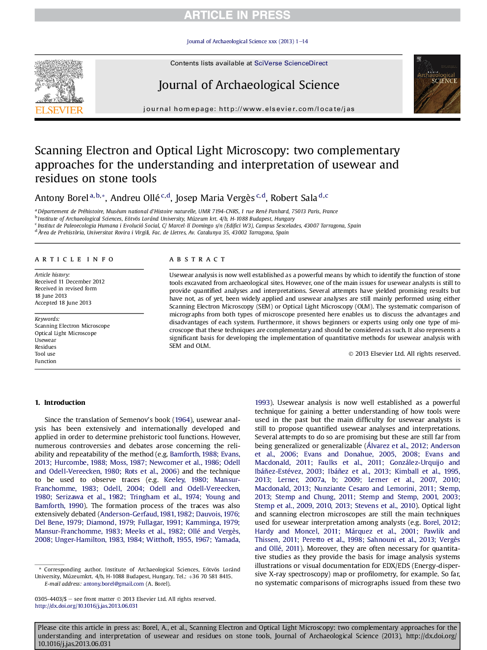 Scanning Electron and Optical Light Microscopy: two complementary approaches for the understanding and interpretation of usewear and residues on stone tools