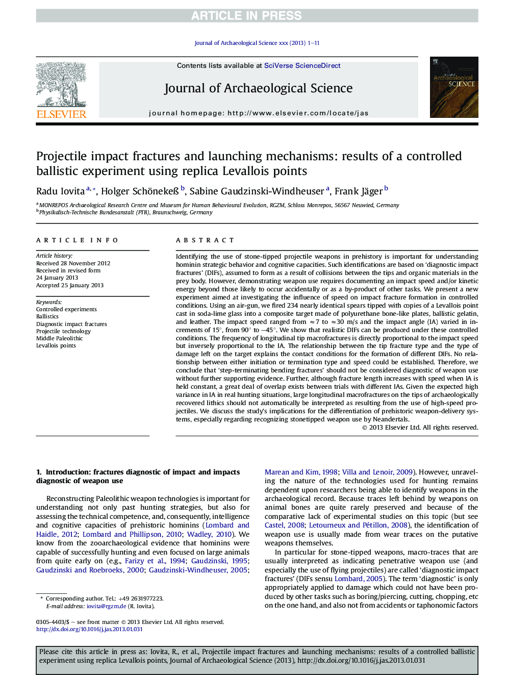 Projectile impact fractures and launching mechanisms: results of a controlled ballistic experiment using replica Levallois points