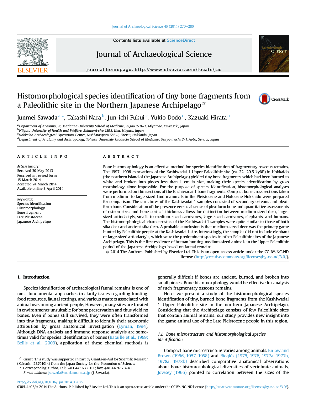 Histomorphological species identification of tiny bone fragments from a Paleolithic site in the Northern Japanese Archipelago