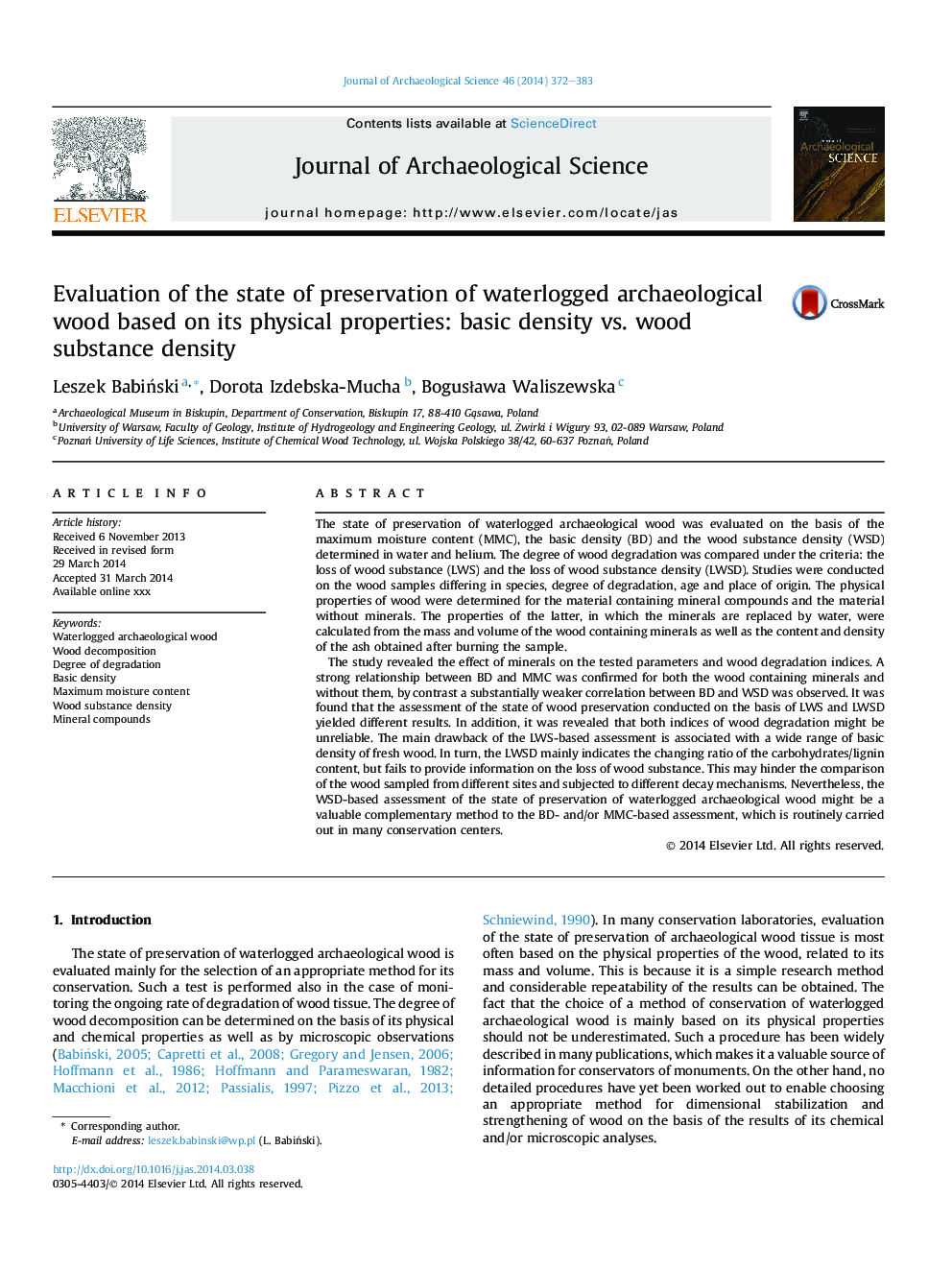 Evaluation of the state of preservation of waterlogged archaeological wood based on its physical properties: basic density vs. wood substance density