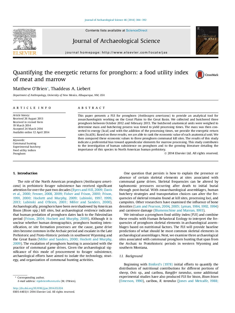 Quantifying the energetic returns for pronghorn: a food utility index of meat and marrow