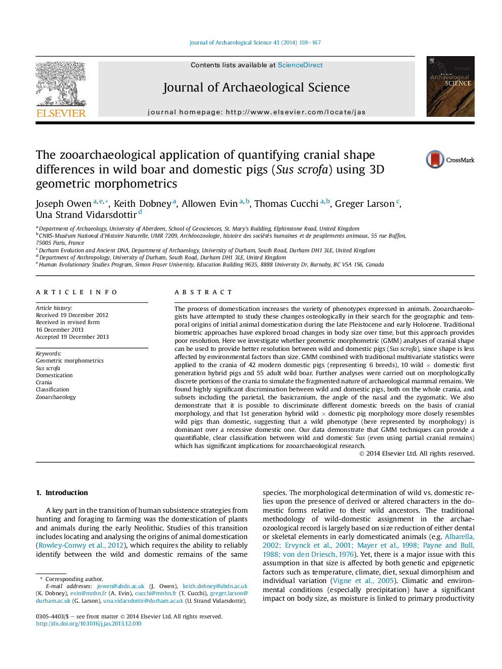 The zooarchaeological application of quantifying cranial shape differences in wild boar and domestic pigs (Sus scrofa) using 3D geometric morphometrics