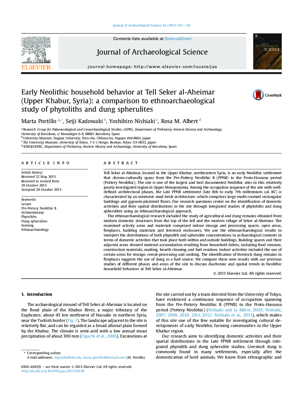 Early Neolithic household behavior at Tell Seker al-Aheimar (Upper Khabur, Syria): a comparison to ethnoarchaeological study of phytoliths and dung spherulites