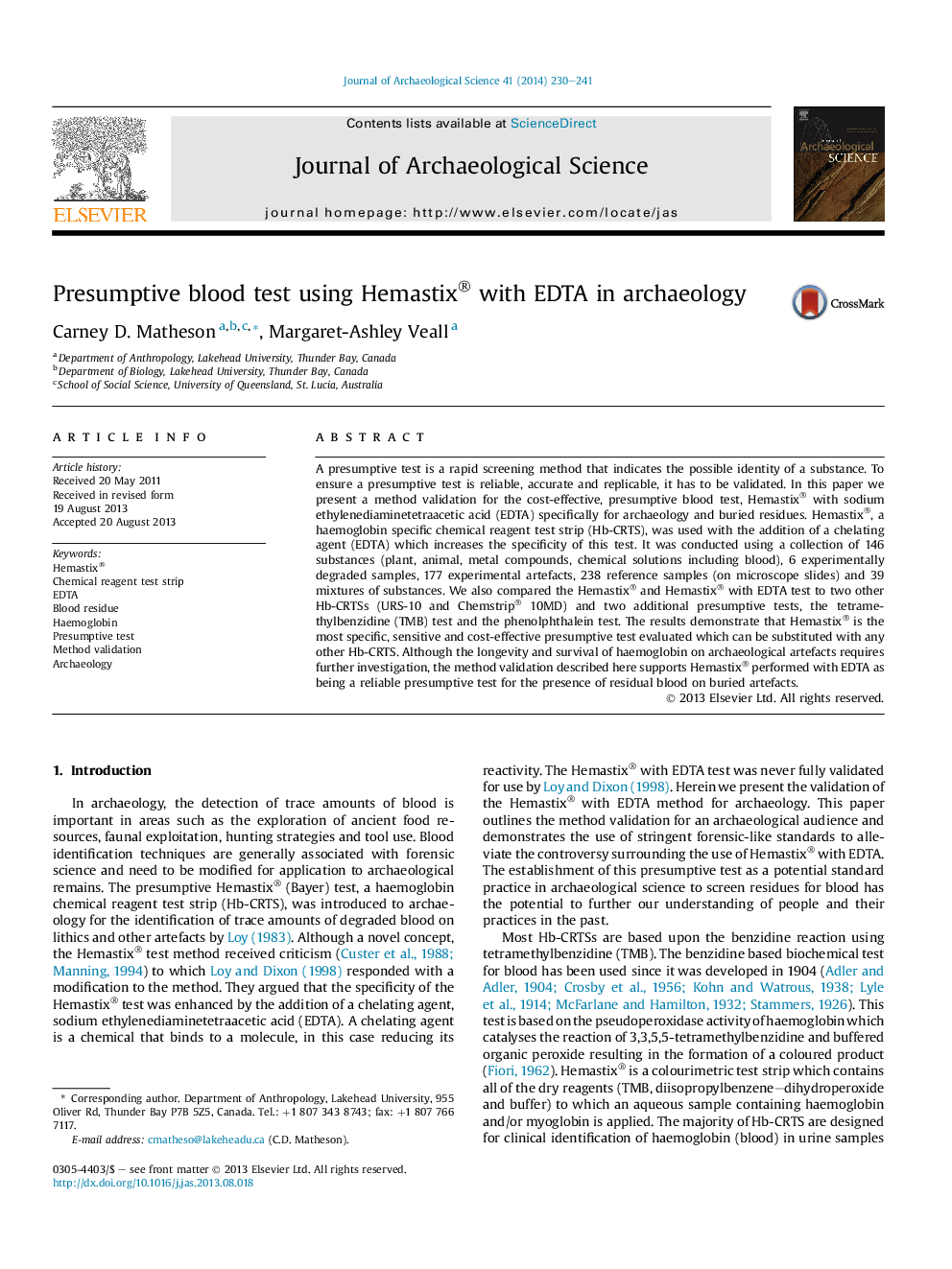 Presumptive blood test using Hemastix® with EDTA in archaeology