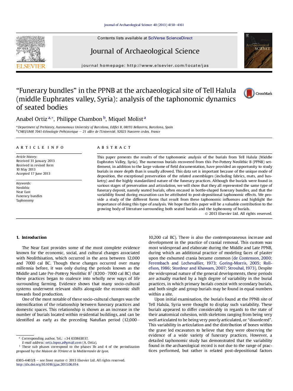 “Funerary bundles” in the PPNB at the archaeological site of Tell Halula (middle Euphrates valley, Syria): analysis of the taphonomic dynamics of seated bodies