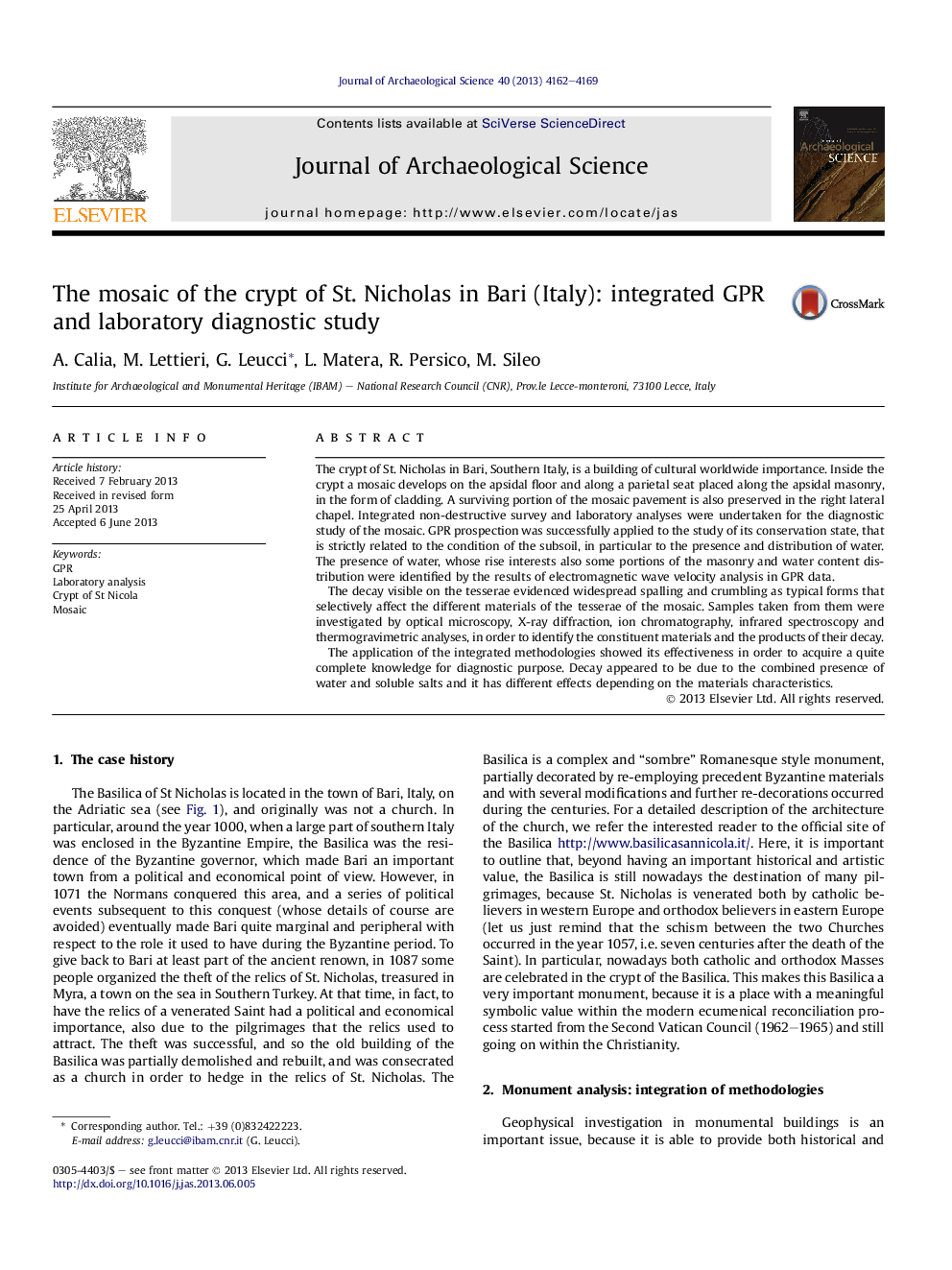 The mosaic of the crypt of St. Nicholas in Bari (Italy): integrated GPR and laboratory diagnostic study