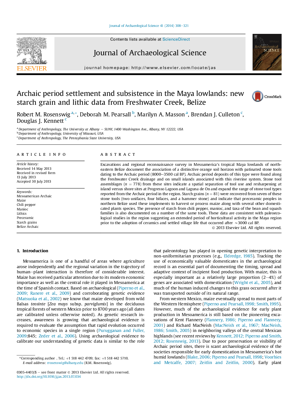 Archaic period settlement and subsistence in the Maya lowlands: new starch grain and lithic data from Freshwater Creek, Belize