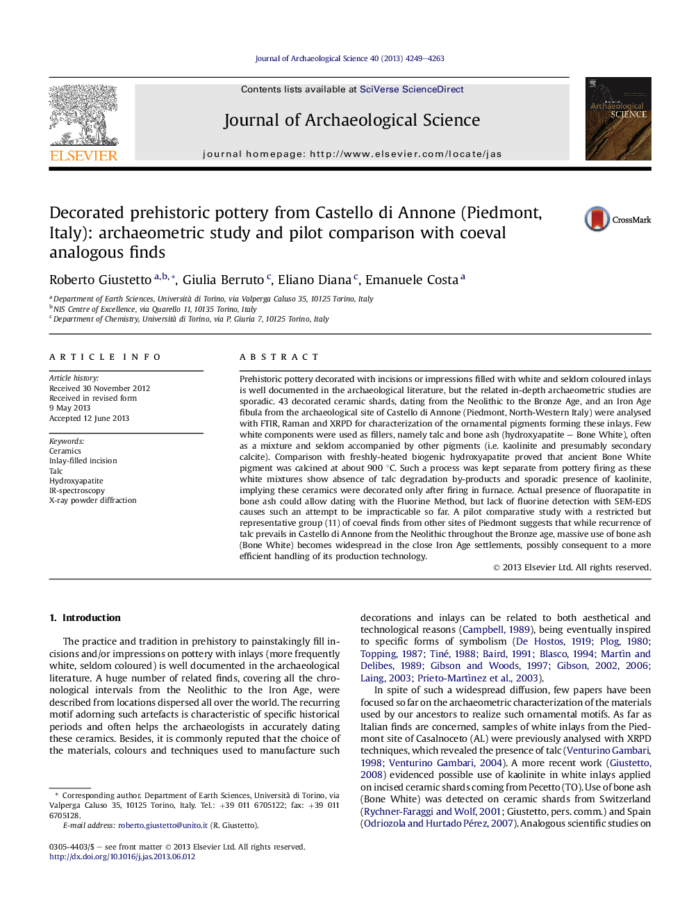 Decorated prehistoric pottery from Castello di Annone (Piedmont, Italy): archaeometric study and pilot comparison with coeval analogous finds