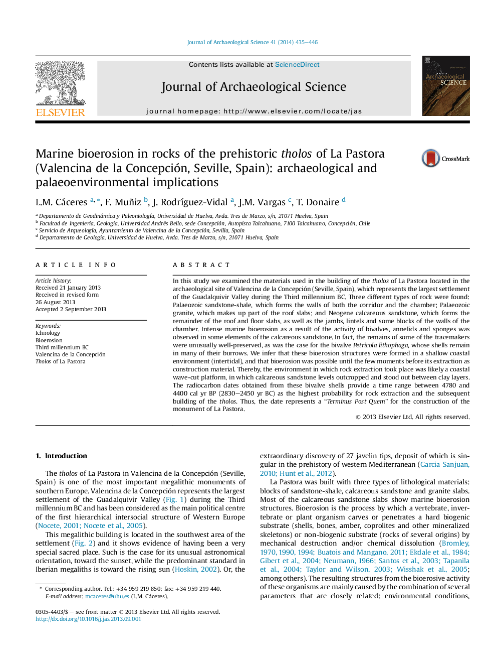 Marine bioerosion in rocks of the prehistoric tholos of La Pastora (Valencina de la Concepción, Seville, Spain): archaeological and palaeoenvironmental implications