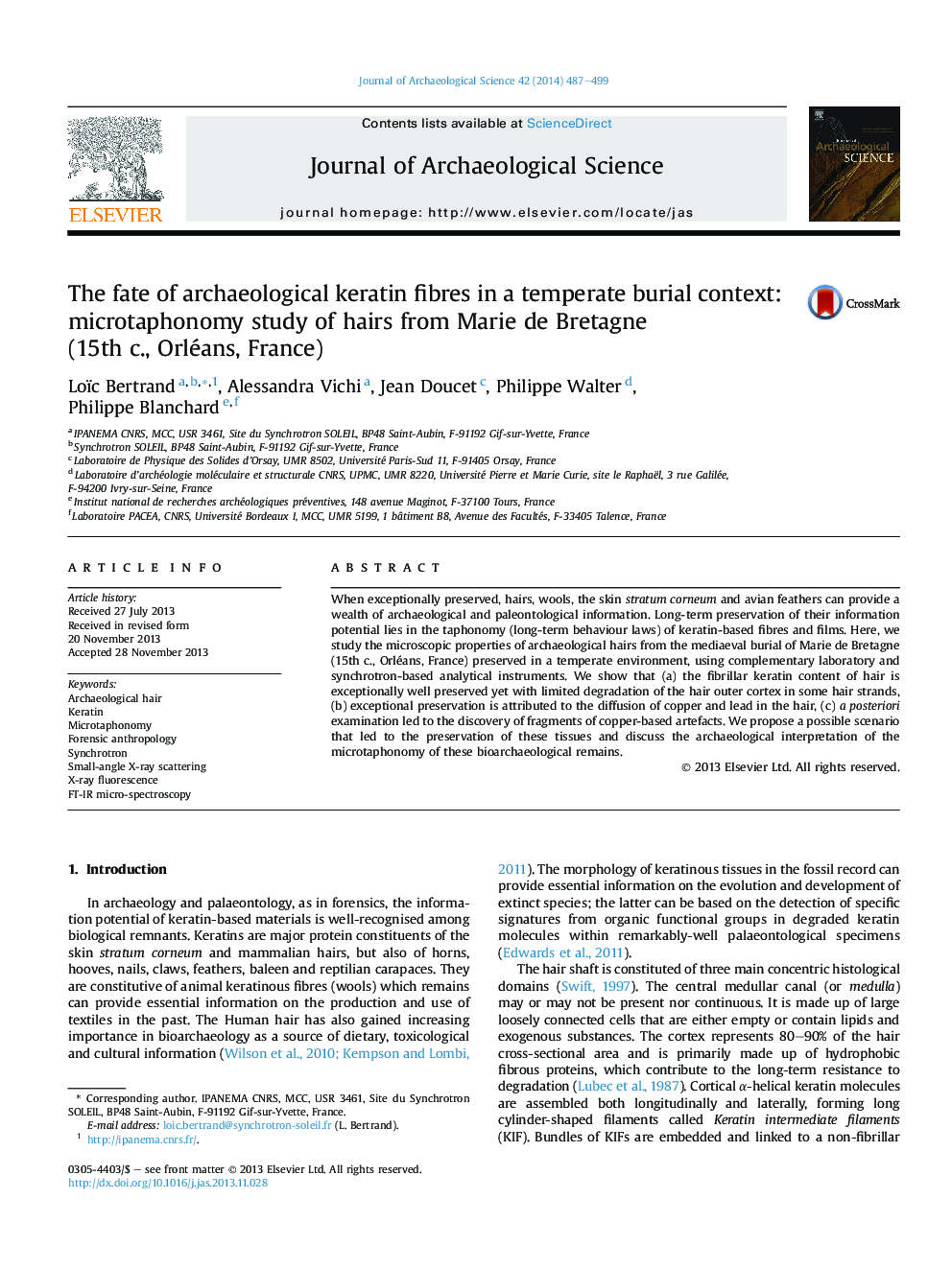 عکس صفحه اول مقاله: The fate of archaeological keratin fibres in a temperate burial context: microtaphonomy study of hairs from Marie de Bretagne (15th c., Orléans, France) The fate of archaeological keratin fibres in a temperate burial context: microtaphonomy study of hairs from Marie de Bretagne (15th c., Orléans, France)
