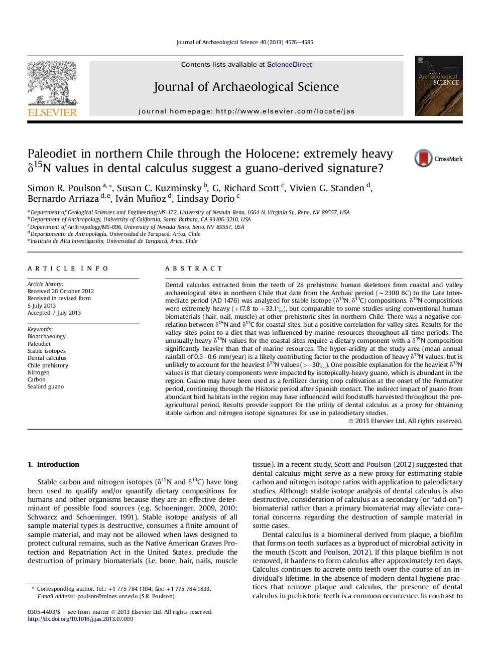 Paleodiet in northern Chile through the Holocene: extremely heavy Î´15N values in dental calculus suggest a guano-derived signature?