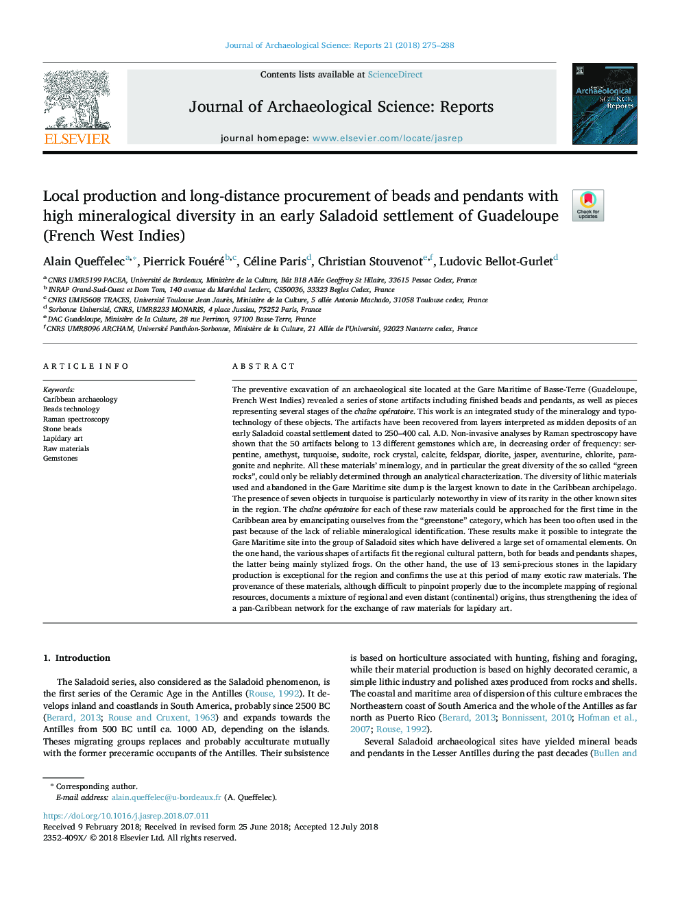 Local production and long-distance procurement of beads and pendants with high mineralogical diversity in an early Saladoid settlement of Guadeloupe (French West Indies)