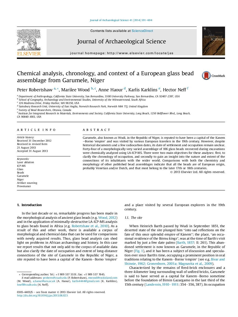 Chemical analysis, chronology, and context of a European glass bead assemblage from Garumele, Niger