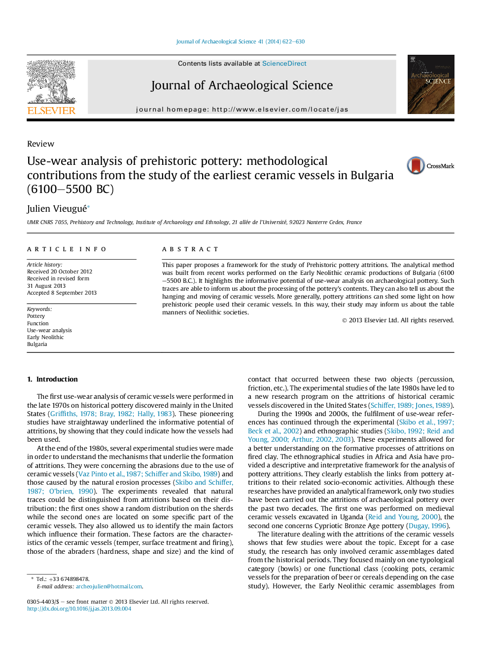 Use-wear analysis of prehistoric pottery: methodological contributions from the study of the earliest ceramic vessels in Bulgaria (6100-5500Â BC)