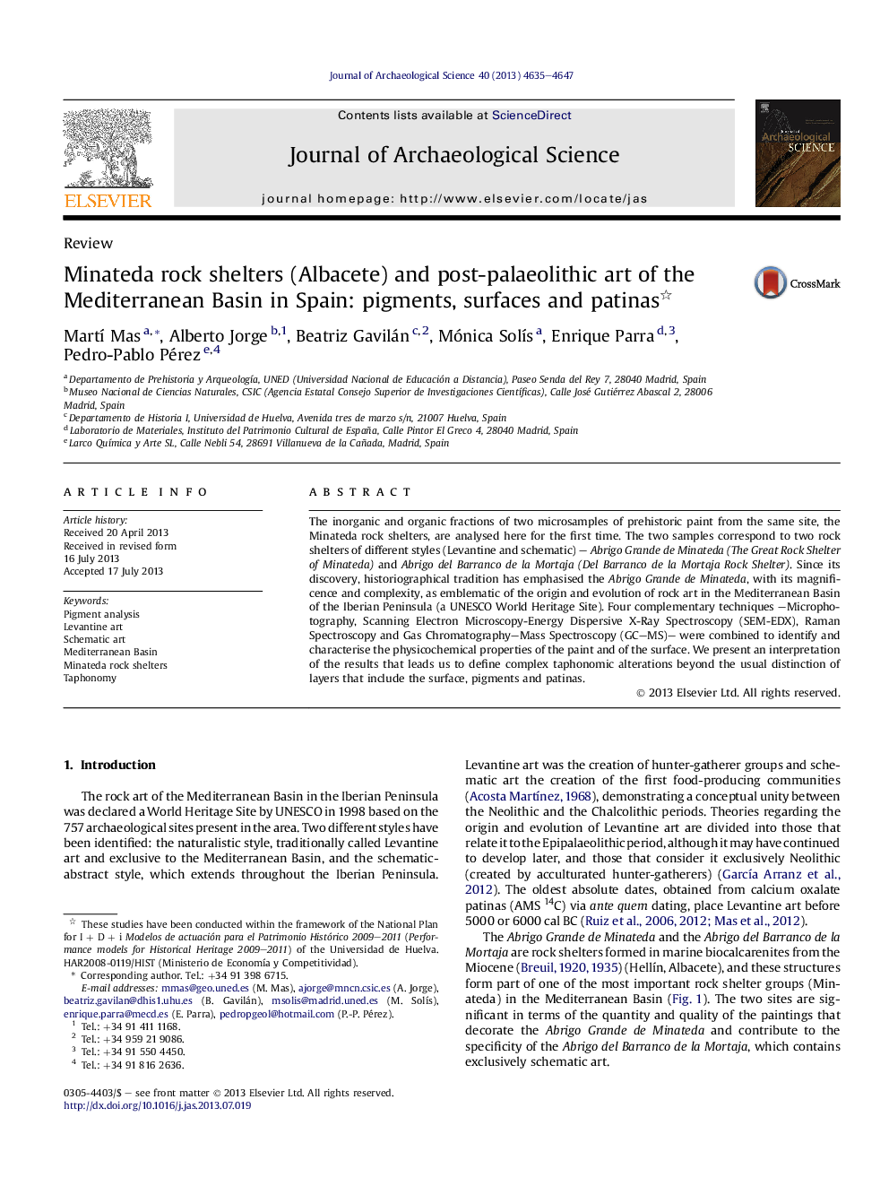 Minateda rock shelters (Albacete) and post-palaeolithic art of the Mediterranean Basin in Spain: pigments, surfaces and patinas