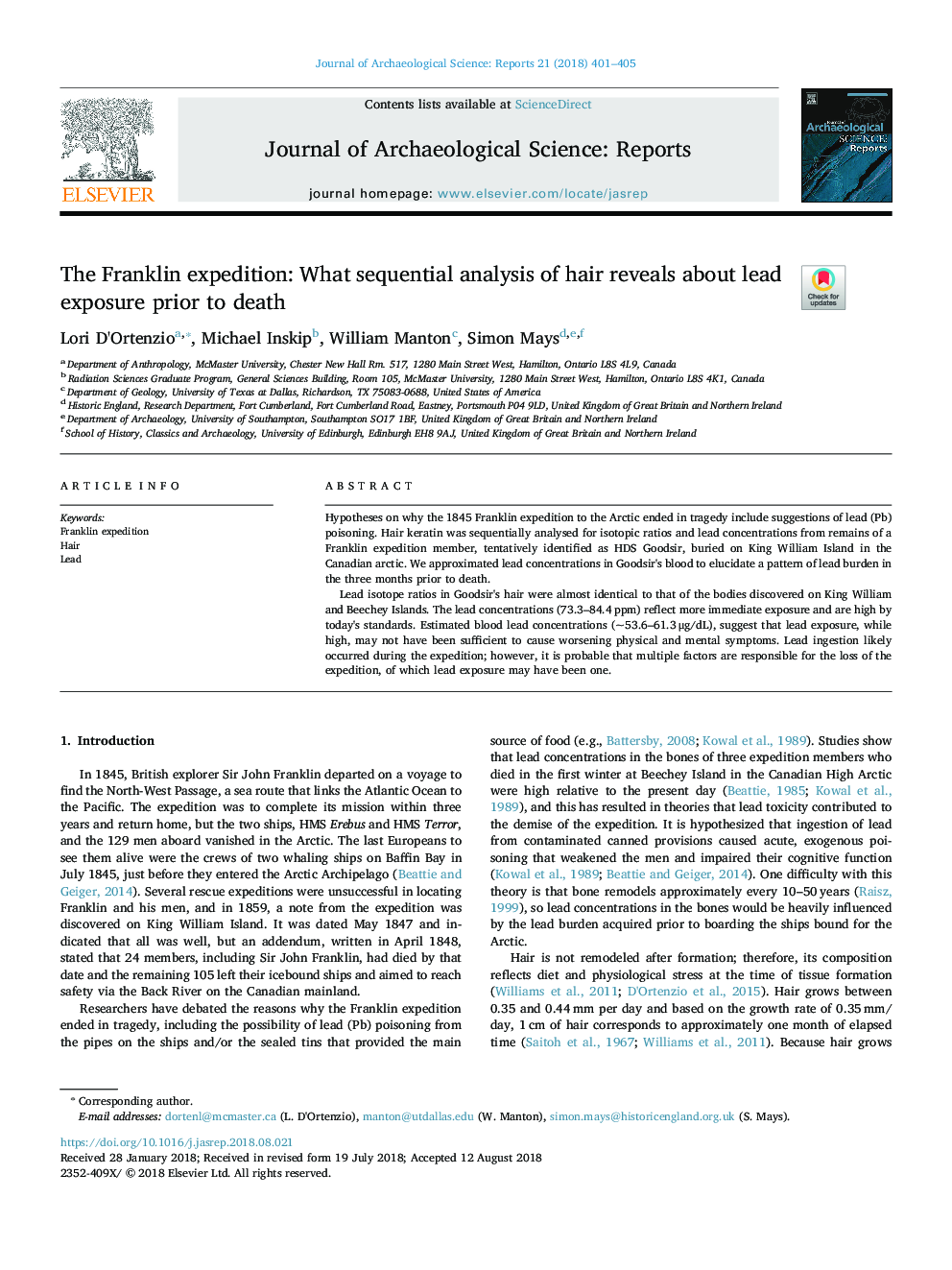 The Franklin expedition: What sequential analysis of hair reveals about lead exposure prior to death