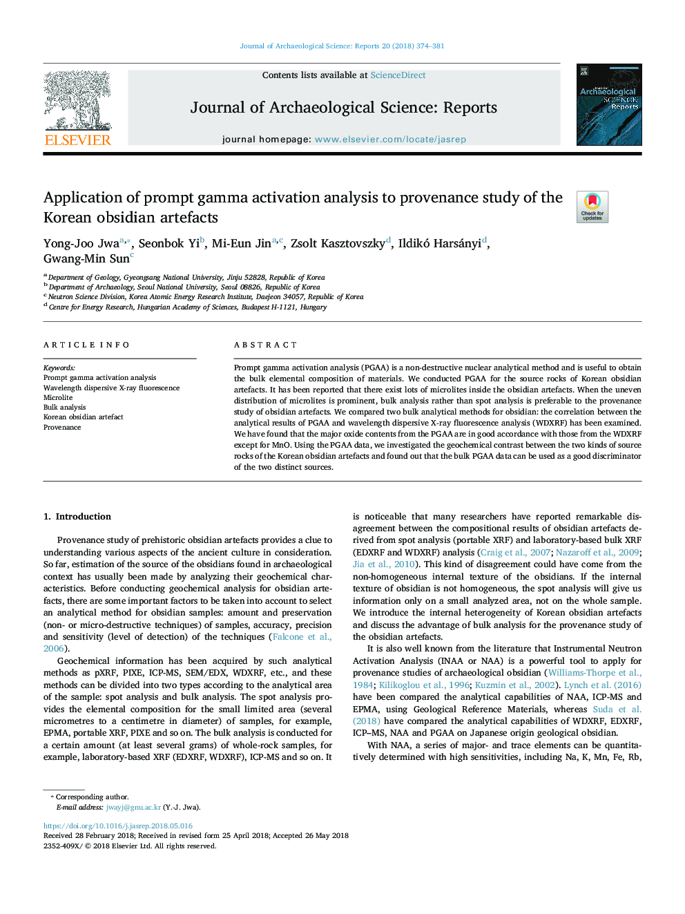 Application of prompt gamma activation analysis to provenance study of the Korean obsidian artefacts