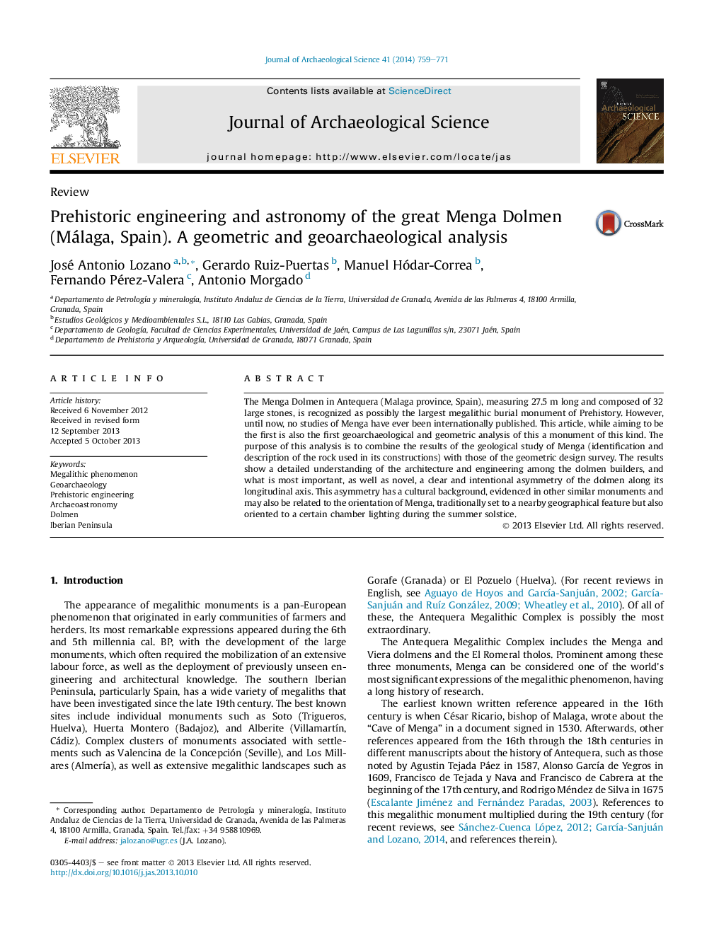 Prehistoric engineering and astronomy of the great Menga Dolmen (Málaga, Spain). A geometric and geoarchaeological analysis