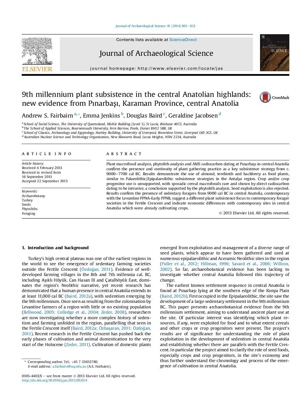 9th millennium plant subsistence in the central Anatolian highlands: new evidence from PÄ±narbaÅÄ±, Karaman Province, central Anatolia