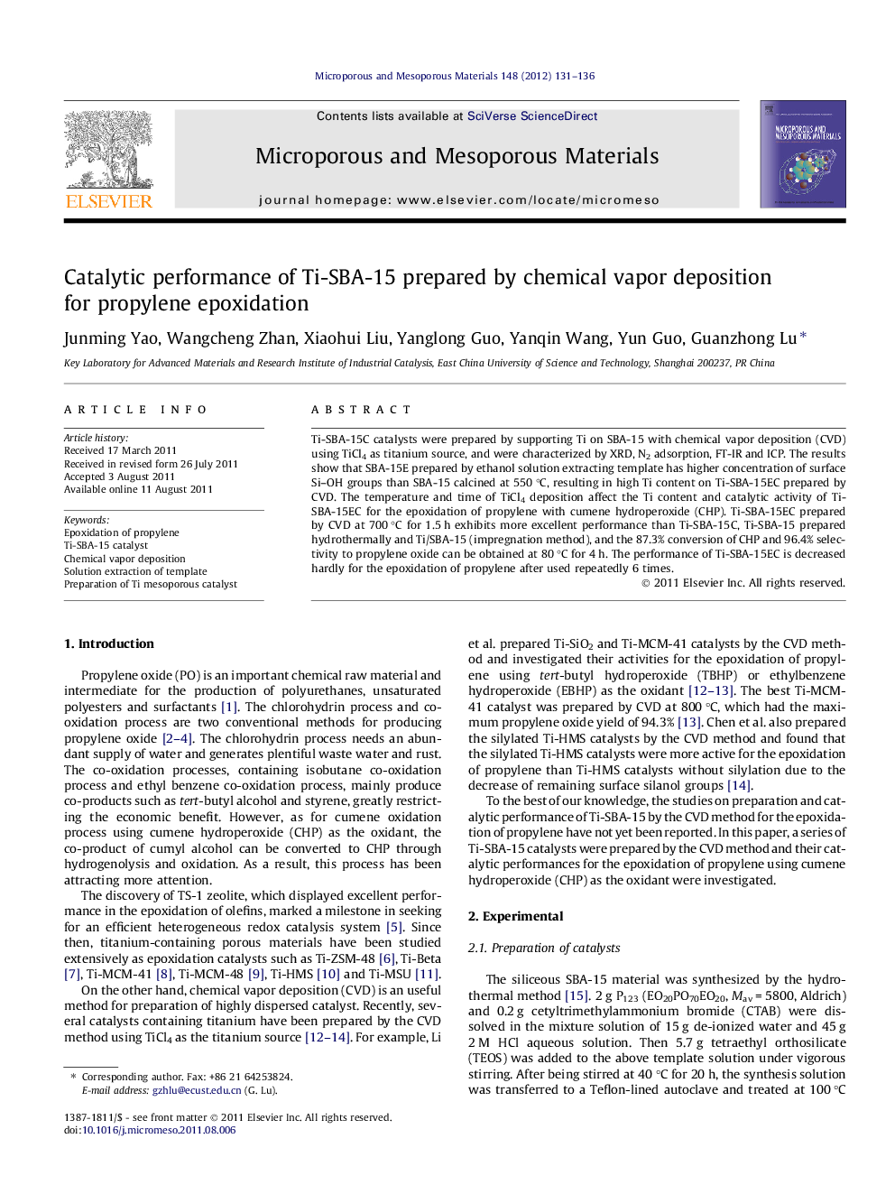 Catalytic performance of Ti-SBA-15 prepared by chemical vapor deposition for propylene epoxidation