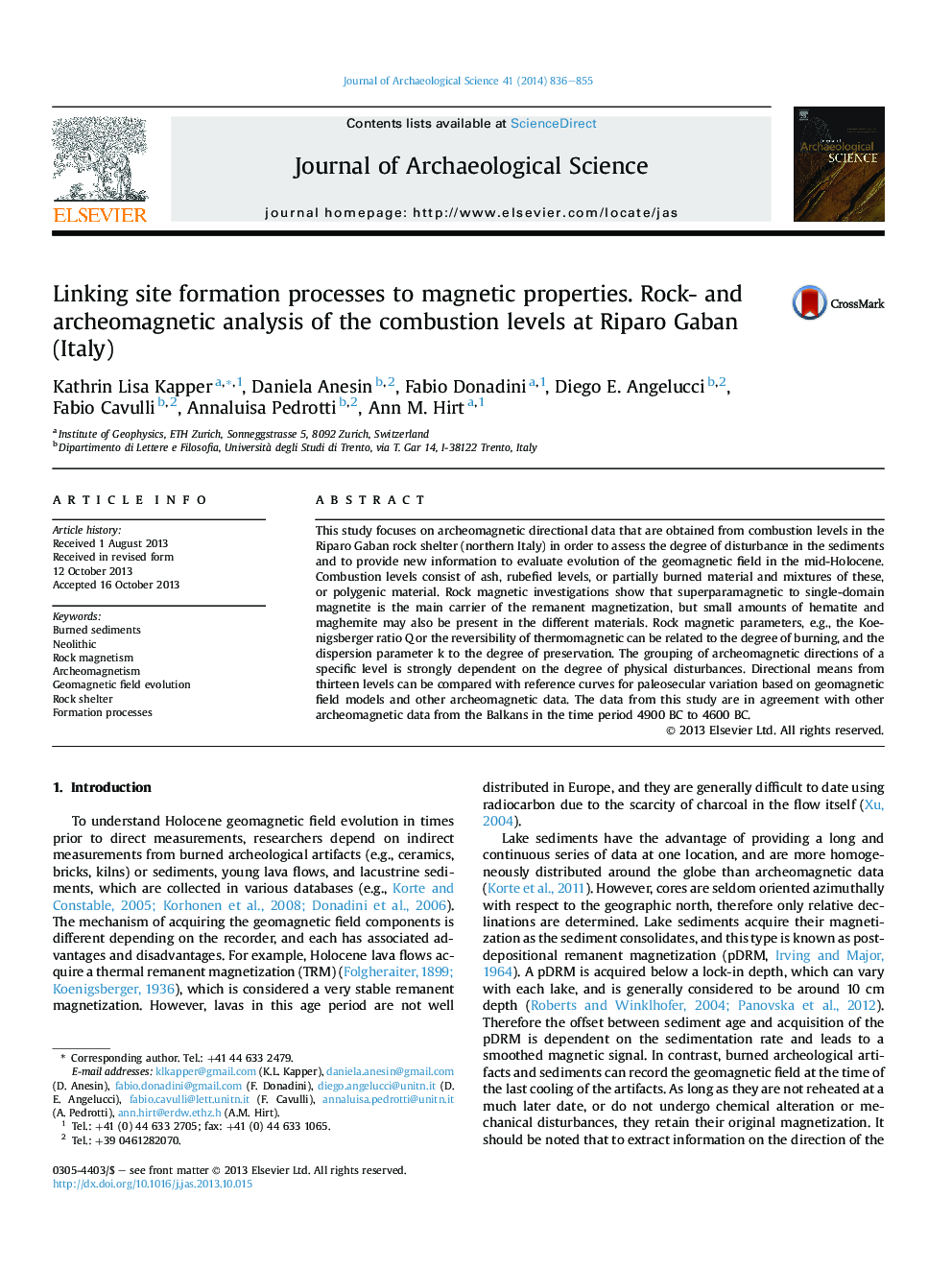 Linking site formation processes to magnetic properties. Rock- and archeomagnetic analysis of the combustion levels at Riparo Gaban (Italy)