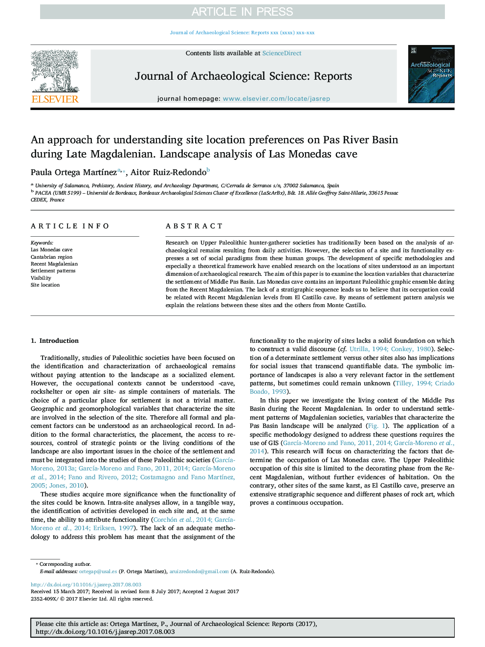 An approach for understanding site location preferences on Pas River Basin during Late Magdalenian. Landscape analysis of Las Monedas cave