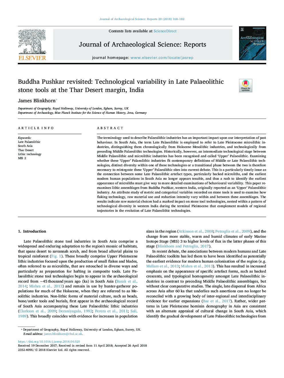 Buddha Pushkar revisited: Technological variability in Late Palaeolithic stone tools at the Thar Desert margin, India