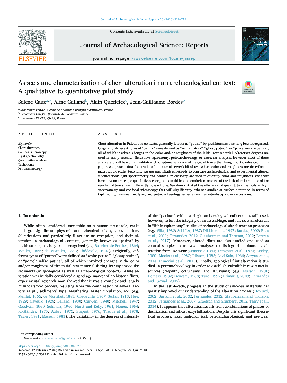 Aspects and characterization of chert alteration in an archaeological context: A qualitative to quantitative pilot study