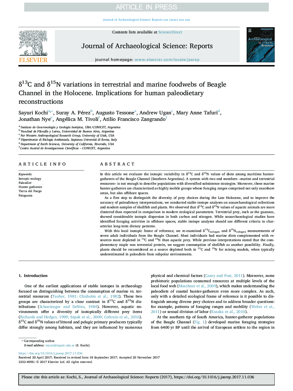 Î´13C and Î´15N variations in terrestrial and marine foodwebs of Beagle Channel in the Holocene. Implications for human paleodietary reconstructions