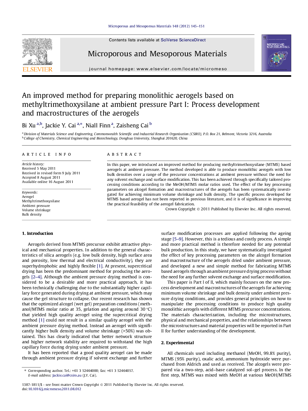 An improved method for preparing monolithic aerogels based on methyltrimethoxysilane at ambient pressure Part I: Process development and macrostructures of the aerogels