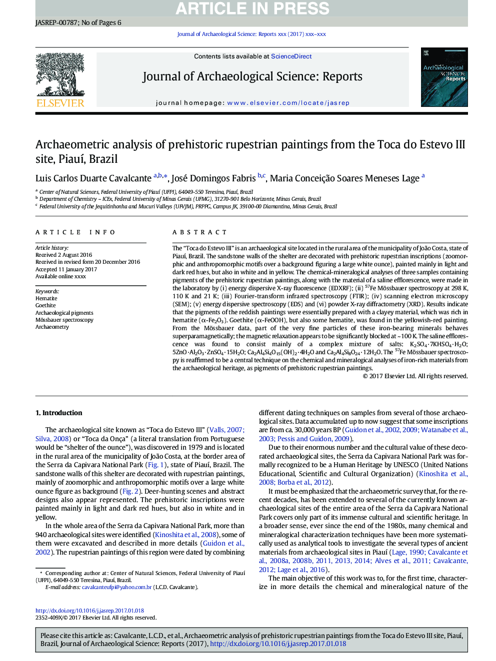 Archaeometric analysis of prehistoric rupestrian paintings from the Toca do Estevo III site, PiauÃ­, Brazil