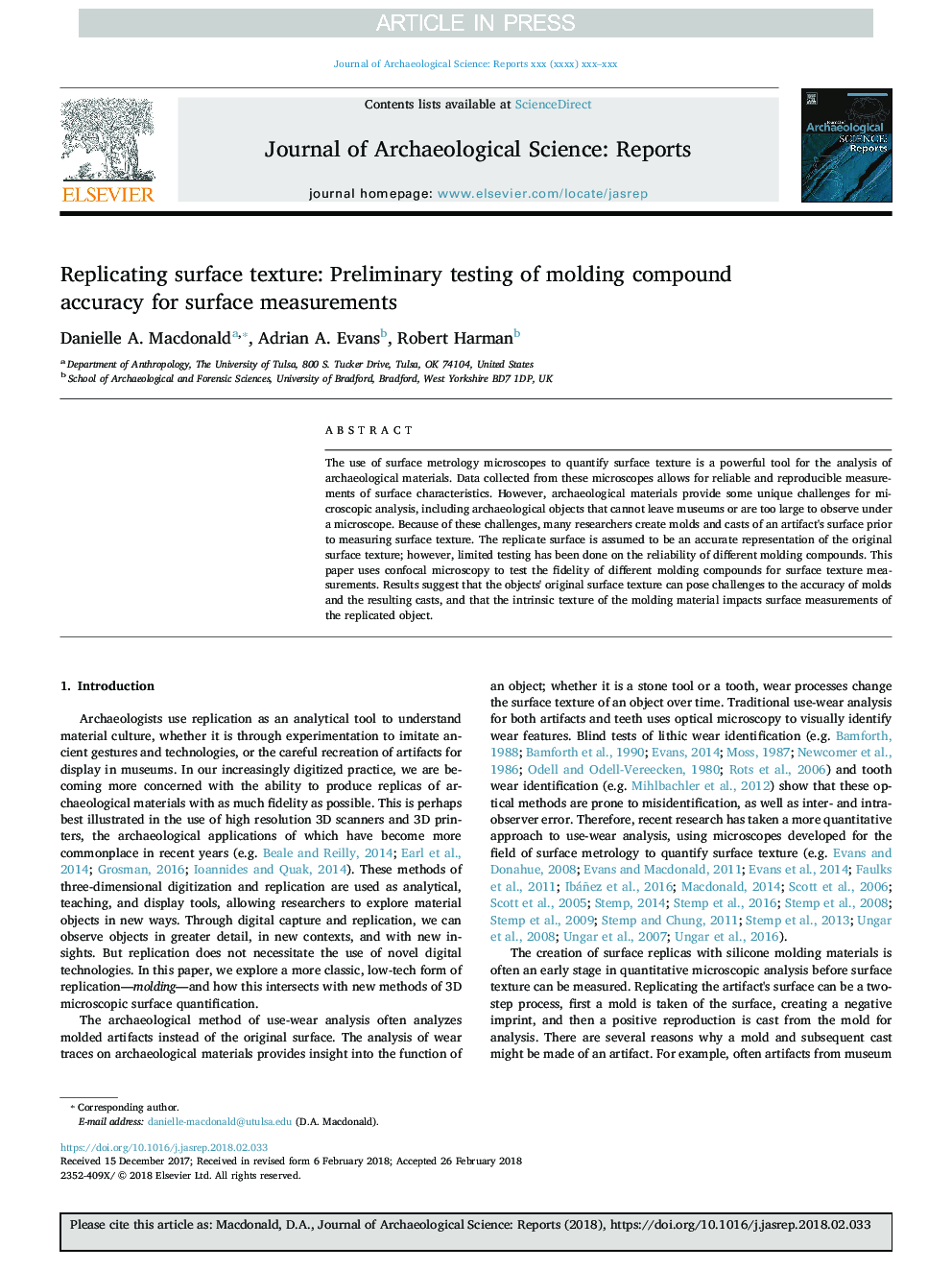Replicating surface texture: Preliminary testing of molding compound accuracy for surface measurements