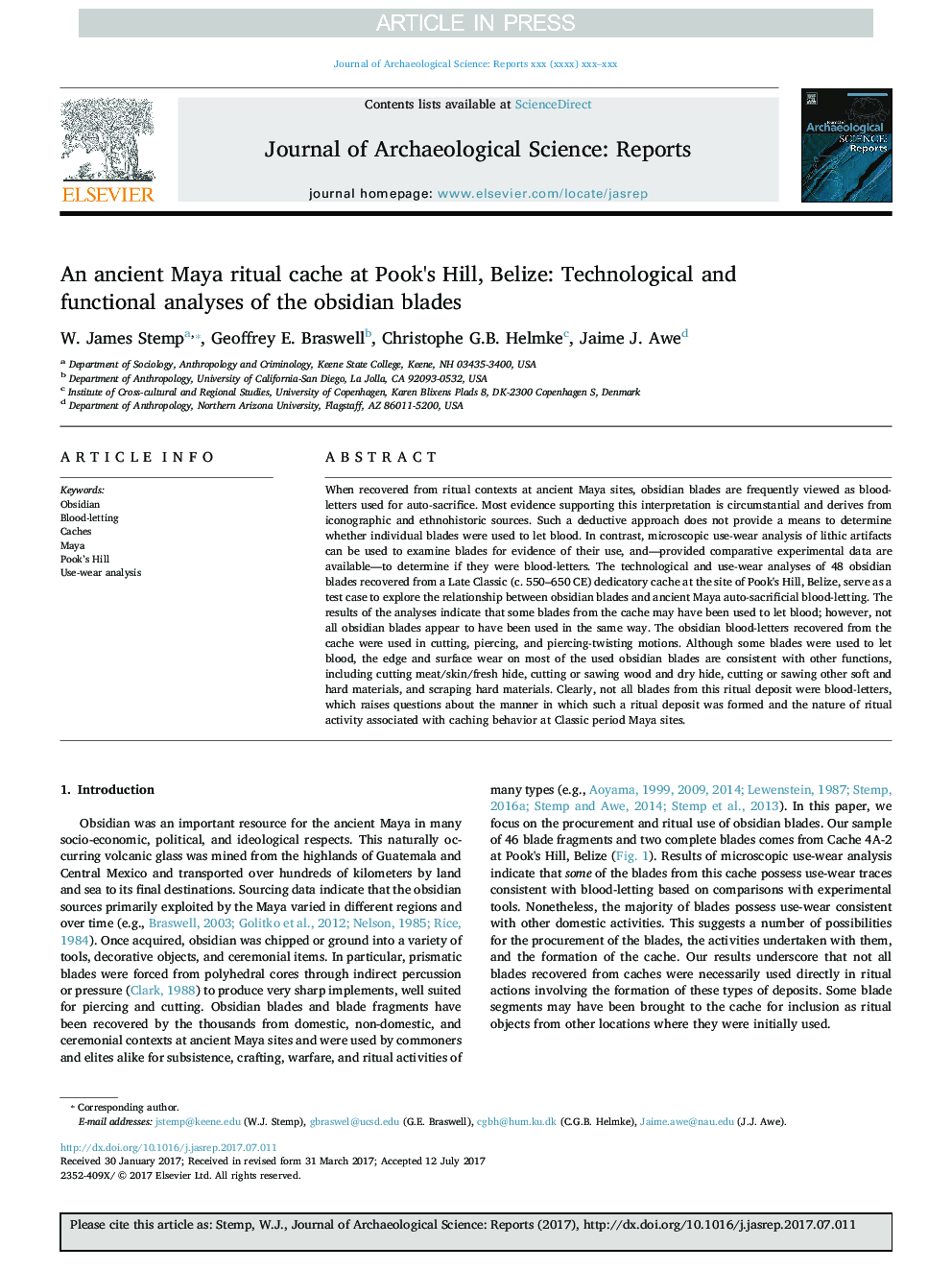 An ancient Maya ritual cache at Pook's Hill, Belize: Technological and functional analyses of the obsidian blades