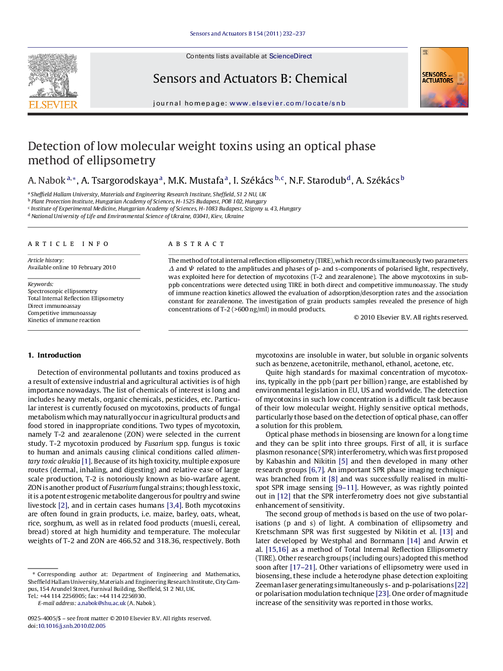 Detection of low molecular weight toxins using an optical phase method of ellipsometry