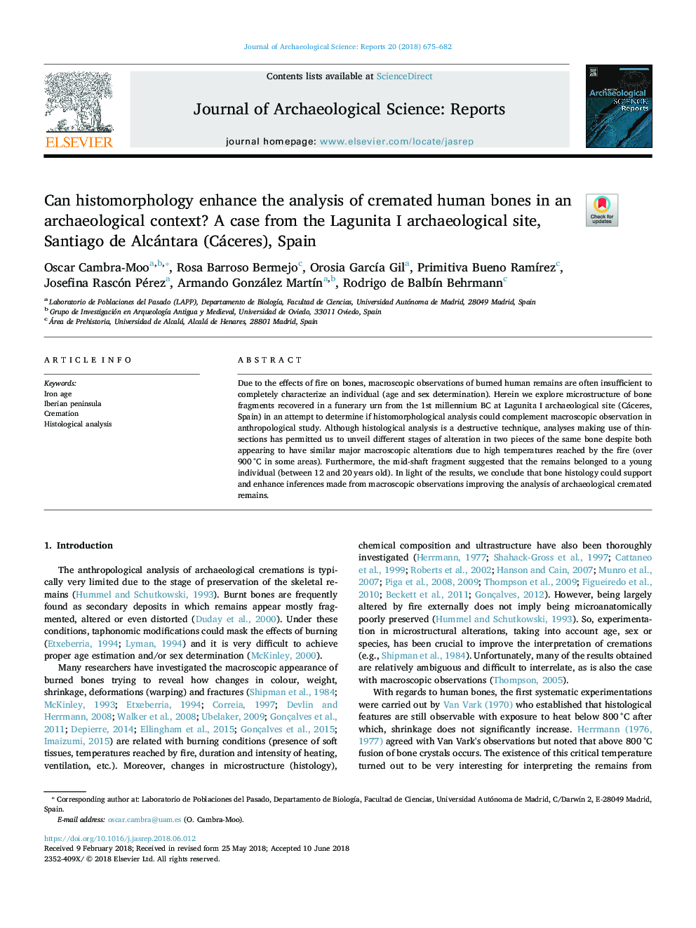 Can histomorphology enhance the analysis of cremated human bones in an archaeological context? A case from the Lagunita I archaeological site, Santiago de Alcántara (Cáceres), Spain