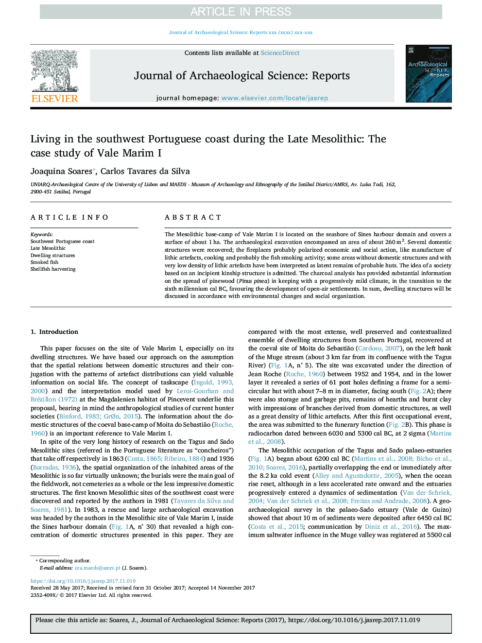 Living in the southwest Portuguese coast during the Late Mesolithic: The case study of Vale Marim I