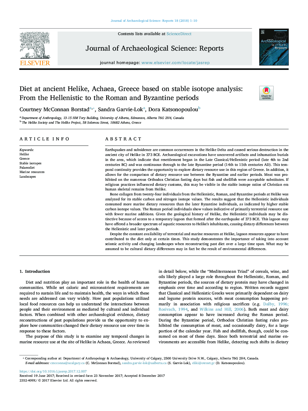 Diet at ancient Helike, Achaea, Greece based on stable isotope analysis: From the Hellenistic to the Roman and Byzantine periods