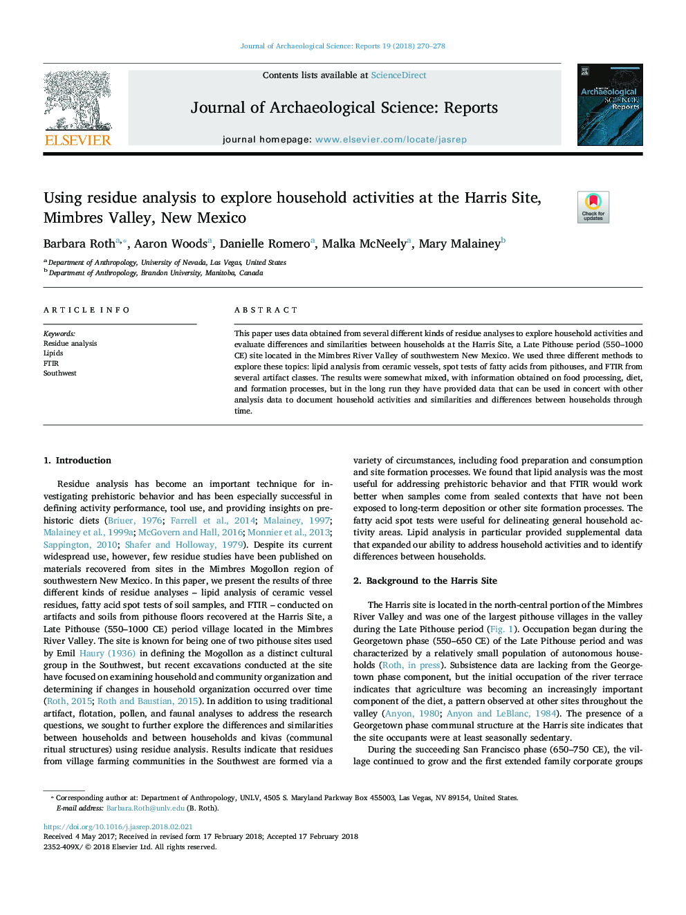 Using residue analysis to explore household activities at the Harris Site, Mimbres Valley, New Mexico